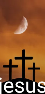 Sunset with three crosses and a moon in a serene sky.