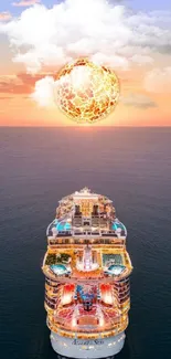 Cruise ship under a vibrant sunset on the ocean.