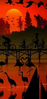 Cyclists at sunset with birds and flamingos on a pier.