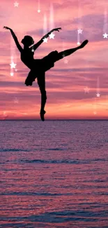 Silhouette of a dancer at sunset over the ocean.