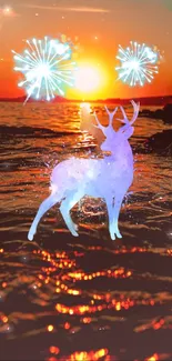 Sunset over ocean with deer silhouette and fireworks in a fantasy scene.