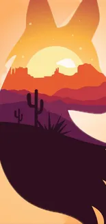 Fox silhouette with desert sunset scene featuring cactus and mountains.