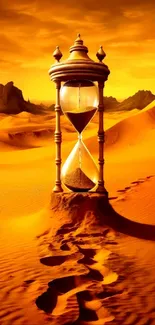 Enchanting sunset desert wallpaper with hourglass and orange hues.