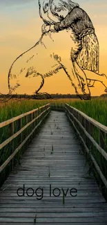 Artistic illustration of a dog and human embracing on a sunset bridge.