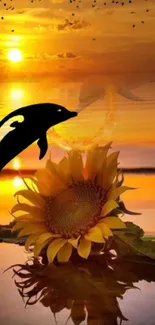 Dolphin silhouette with sunflower at sunset over a calm ocean.