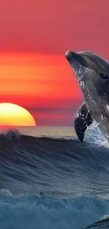 Dolphin jumping over ocean waves with a vibrant sunset in the background.