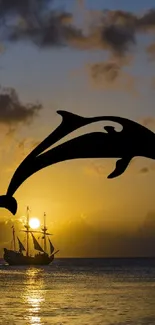 Dolphin silhouette over ship at sunset on ocean.