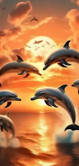 Dolphins leaping joyfully at sunset over a serene ocean, creating a vibrant mobile wallpaper.