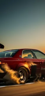 Red sports car drifting at sunset with dramatic dust trail.