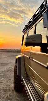 Off-road SUV at sunset on sandy terrain.