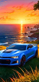 Blue sports car parked by a vibrant sunset coastline.