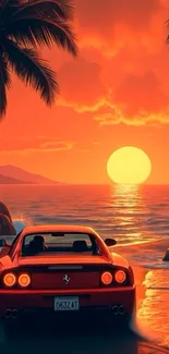 Red car driving by the ocean at sunset with palm trees.