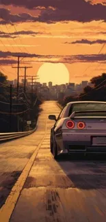 A car driving on a road towards a sunset over a city skyline.