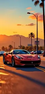 Red sports car driving at sunset under palm trees.