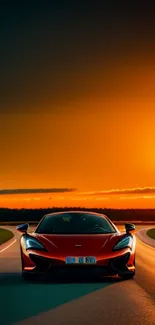 A sports car driving into a stunning sunset on an open road, showcasing vibrant colors.