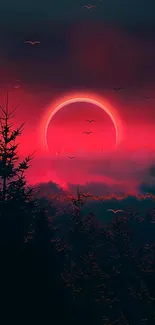 Sunset eclipse over a serene forest with pink hues and silhouettes.