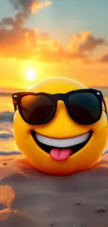 Cheerful emoji with sunglasses on a sunset beach