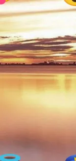 Golden sunset with emojis, scenic view over calm waters.