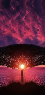 Surreal tree at sunset with vibrant purple sky.