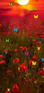 Sunset over a flower field with colorful butterflies.