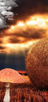 Serene sunset field with mushroom and hay bales under dramatic clouds.