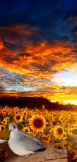 Orange sunset over a field with sunflowers and pigeons.