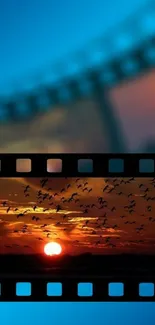 Vibrant blue filmstrip wallpaper featuring sunset.