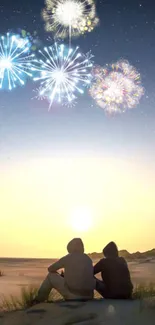 Beach sunset with fireworks illuminating the evening sky, featuring two silhouettes.