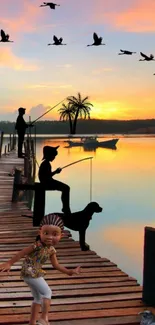 Silhouette fishing at sunset on a peaceful lakeside dock.