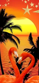 Flamingos with a vibrant sunset backdrop and palm trees.