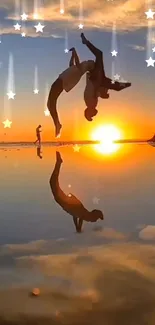 Silhouette flip at sunset on a starry beach.