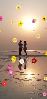 Romantic couple at sunset with floral designs overlay on the beach scene.