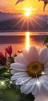 Sunset over lake with flowers, sparkling and serene.