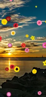 Colorful flowers float over a sunset lake scene.