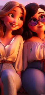 Animated wallpaper of two friends sitting at a sunset beach.