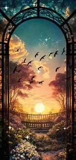 Sunset garden scene with archway and birds.