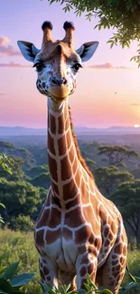 Giraffe standing in lush savannah during sunset.