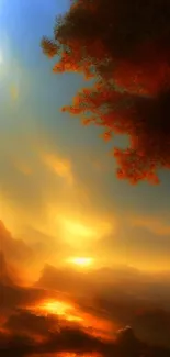 Fantasy landscape with sunset glow and warm orange hues.