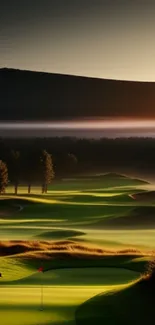 Serene golf course at sunset with lush green hills.