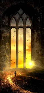 Gothic archway with sunset and traveler in a fantasy landscape.