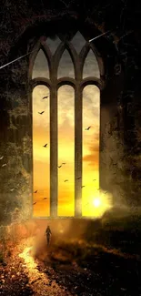 Gothic window with sunset and birds, creating a mystical atmosphere through the arch.