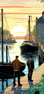 Artistic illustration of harbor at sunset with boats and vibrant colors.