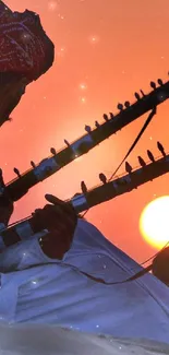 Musicians silhouetted against a vibrant sunset, playing traditional instruments.