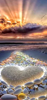 Heart-shaped stone path on a sunset beach, with vibrant skies.