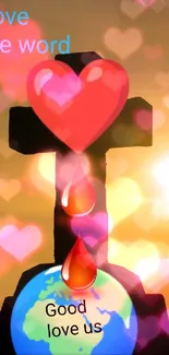 Sunset with silhouette cross and heart symbol.