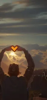 Heart-shaped silhouette at sunset with dramatic sky.