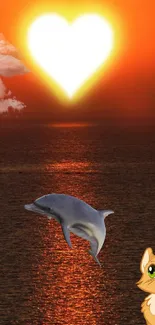 Sunset with heart-shaped sun, dolphin, and cute cat.