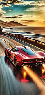 Red sports car driving on a scenic highway at sunset.