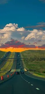 Highway at sunset with clouds and vivid orange sky in mobile wallpaper.