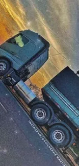 Truck driving on highway during a colorful sunset with a clear sky.